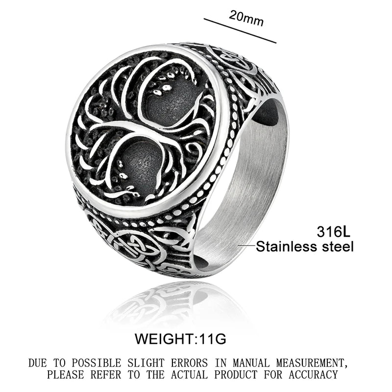 Viking Tree Of Life Ring 316L Stainless Steel Distressed Grey Norse Mythology Symbol Retro Hip Hop Men Hand Jewelry For Male Hot