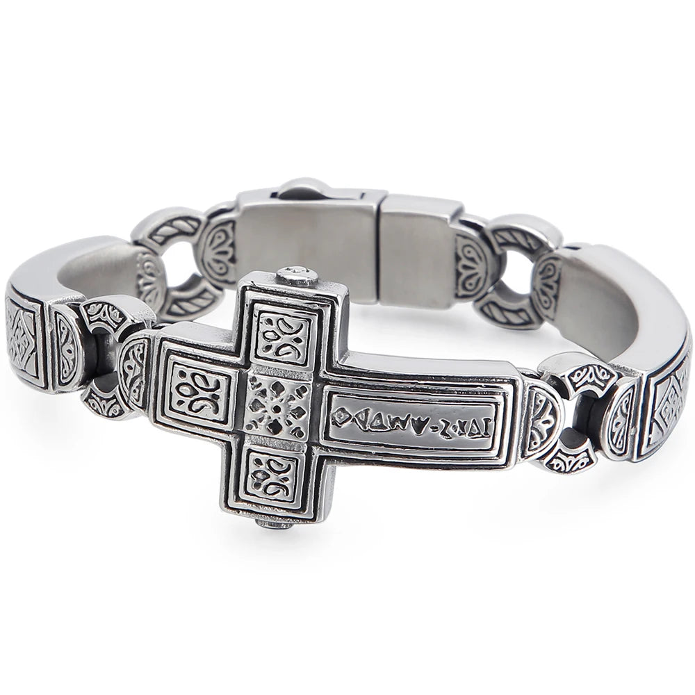 Vintage Solid 316L Stainless Steel Cross Wrap Bracelet for Man 14MM Width Religious Men's Jewelry Accessory Bracelets