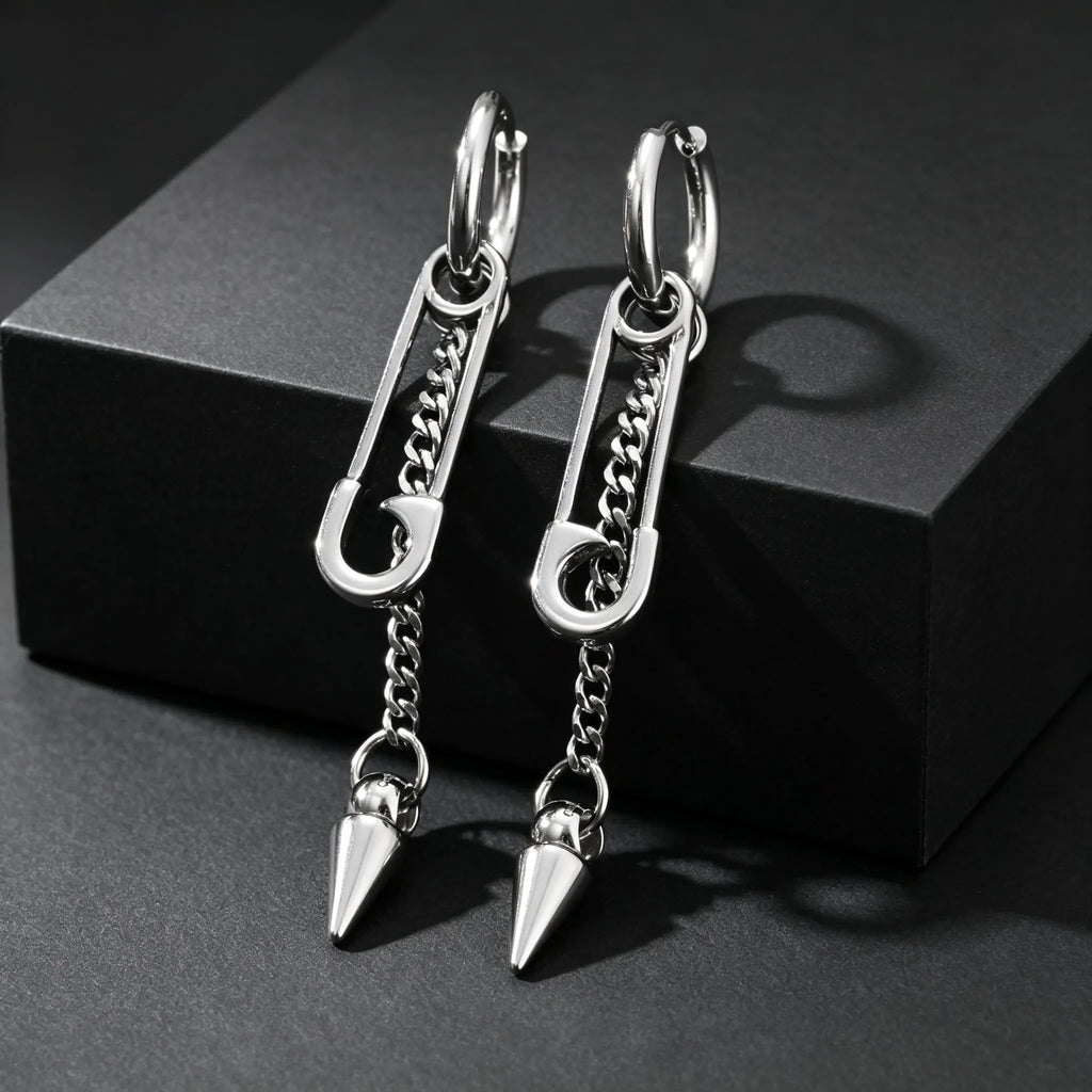 Hip-hop Punk Safety Pin Rivet Dangle Earrings for Men, Silver Color Stainless Steel Chain Tassel Earrings, Creative Jewelry