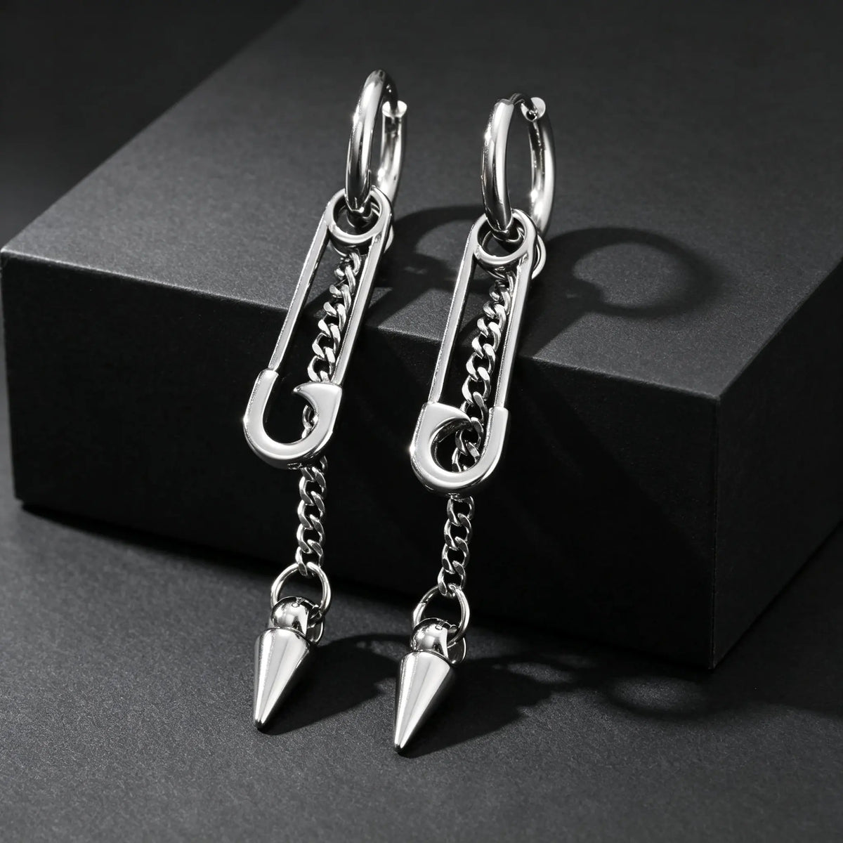 Hip-hop Punk Safety Pin Rivet Dangle Earrings for Men, Silver Color Stainless Steel Chain Tassel Earrings, Creative Jewelry
