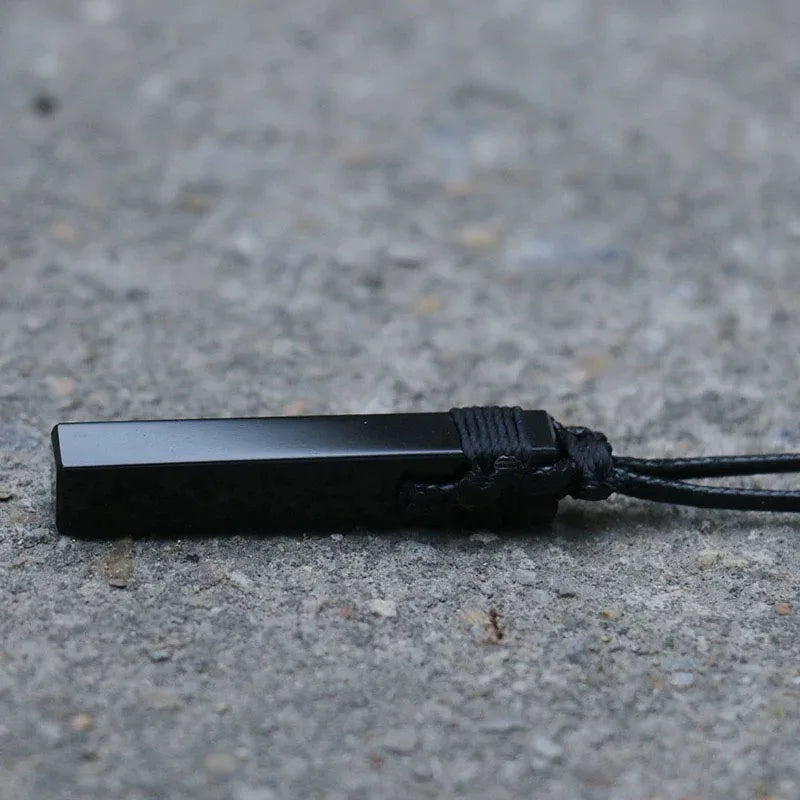 Unisex Natural Black Obsidian Rectangle Pendant Necklace Simple Black Wax Rope Adjustable Length Suitable for Men And Women Idea