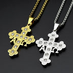Orthodox Alpha Omega Cross Necklace Men Women Stainless Steel Gold Color Crystal Byzantine Chain Religious Faith