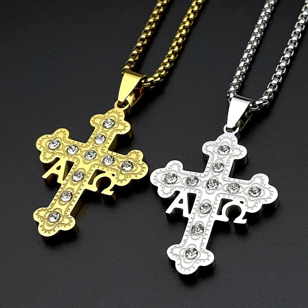 Orthodox Alpha Omega Cross Necklace Men Women Stainless Steel Gold Color Crystal Byzantine Chain Religious Faith