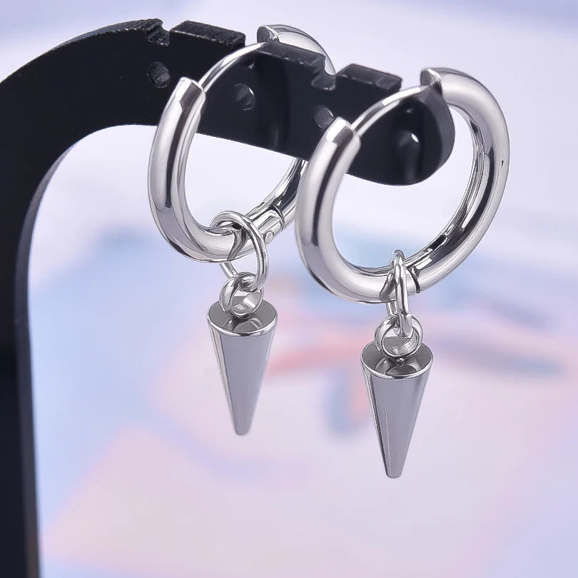 Spike Cone Drop Huggie Hoop Earrings for Men — Stainless Steel