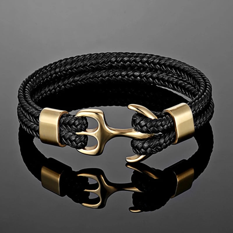 Nautical Anchor Woven Leather Bracelet — Stainless Steel Buckle