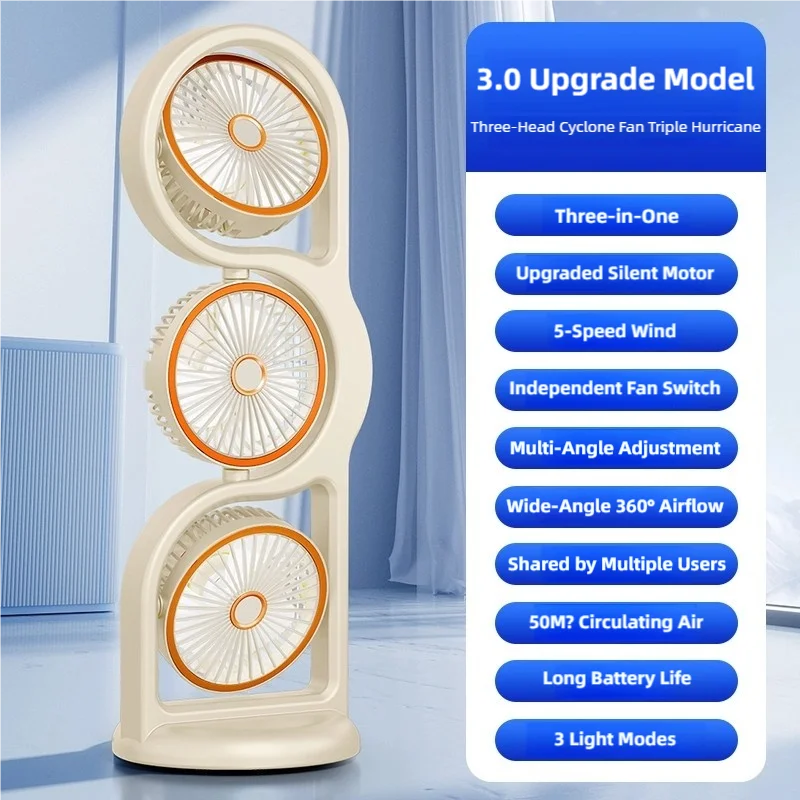 TINSOL New Portable USB Rechargeable Three-Head Fan – 360° Circulation, 5-Speed Wind, Dormitory and Outdoor Desktop Fan