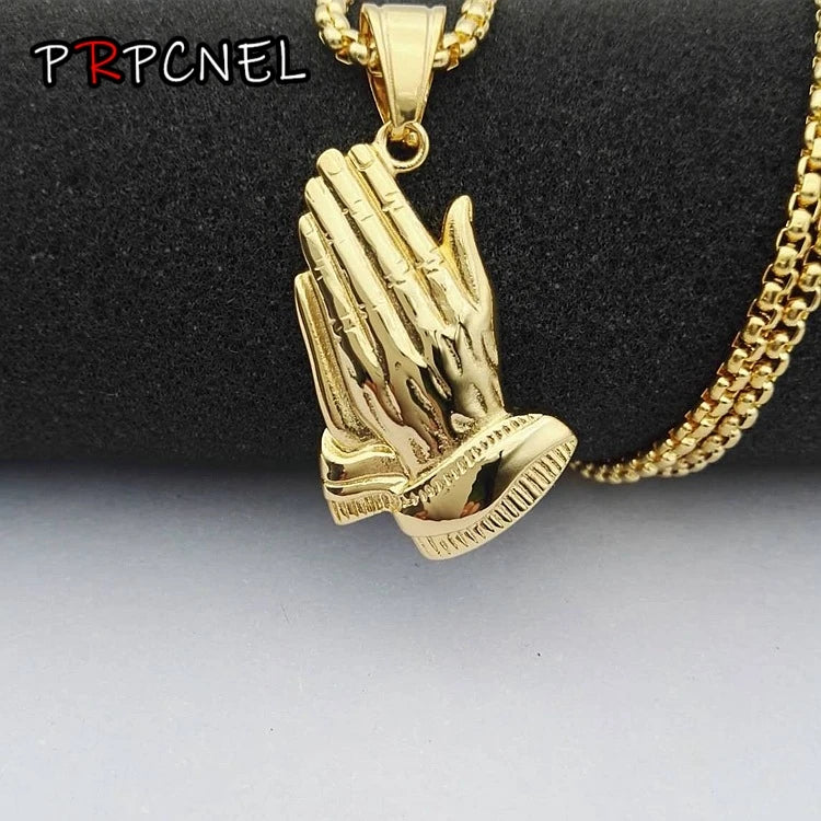 Iced Out Praying Hands Pendant — Gold