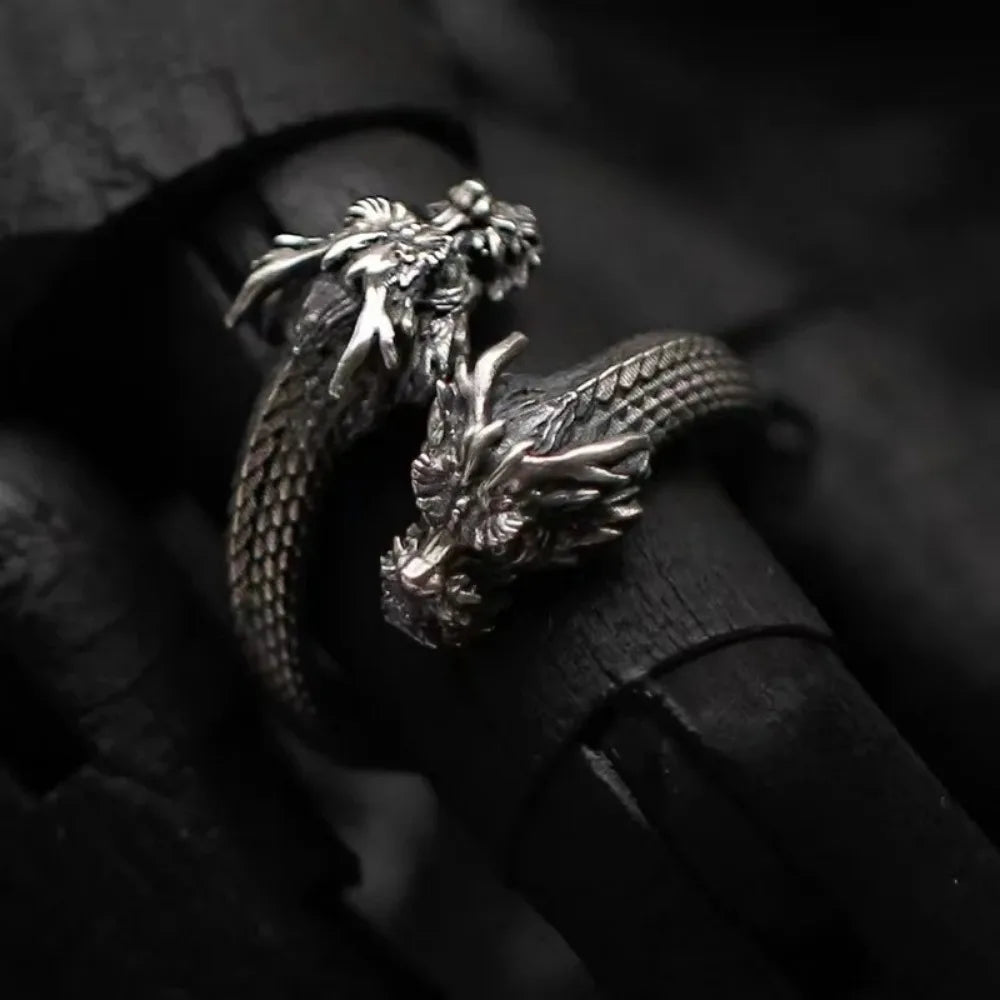 New Personalized Retro Domineering Trend Two-headed Dragon Ring Men Women Punk Adjustable Ring Hip Hop Rock Simple