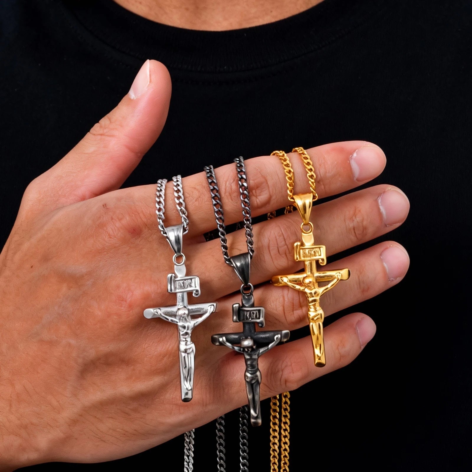 Waterproof Catholic Cross Necklace for Men,Stainless Steel Crucifix Pendant with 60cm Cuban Chain,Religious Jewelry Gift