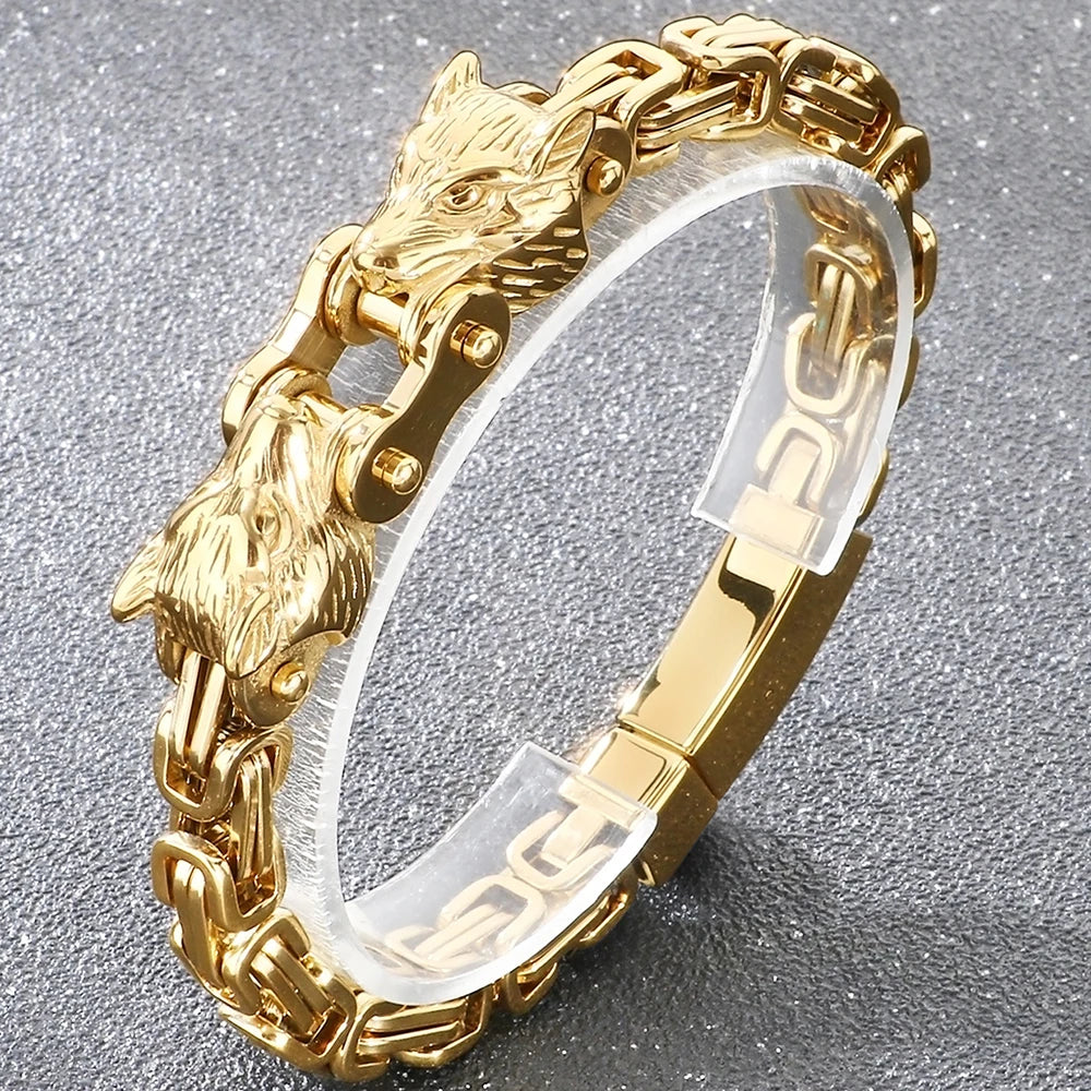 Double Wolf Head Link Chain Bracelet for Man 316L Stainless Steel Biker Charm Bracelets Vintage Punk Motorcycle Viking