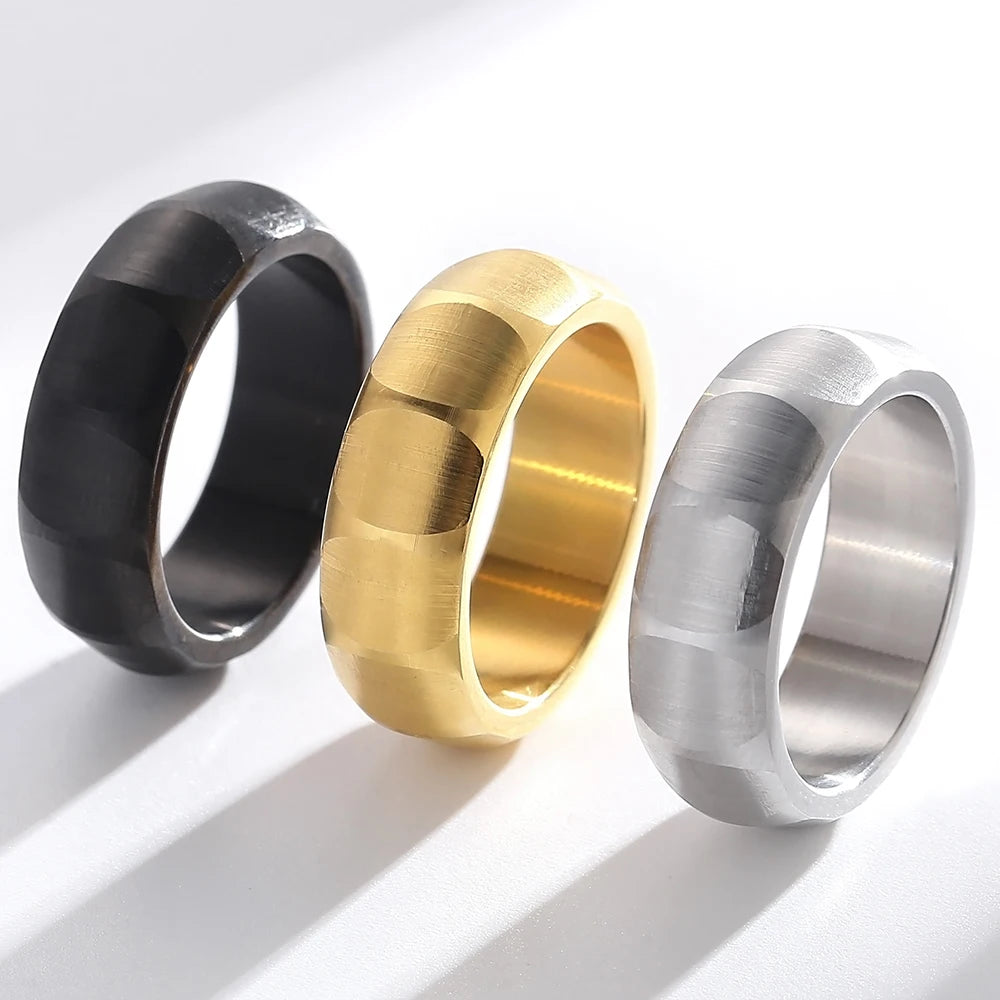 Waterproof Vacuum Plated Gold Color Stainless Steel Men's Ring 7mm Width Brushed Finished with Inner Curve Design Rings