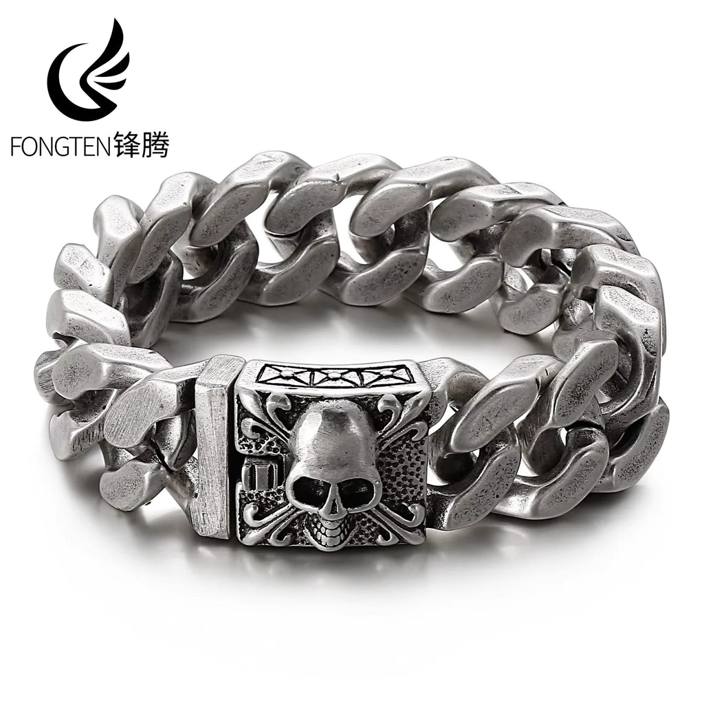 Fongten Gothic Skull Bracelets For Men Ancient Silver Color Stainless Steel Cuban Chain Heavy Bracelet Bangle Jewelry Wholesale