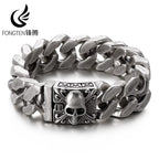 Fongten Gothic Skull Bracelets For Men Ancient Silver Color Stainless Steel Cuban Chain Heavy Bracelet Bangle Jewelry Wholesale