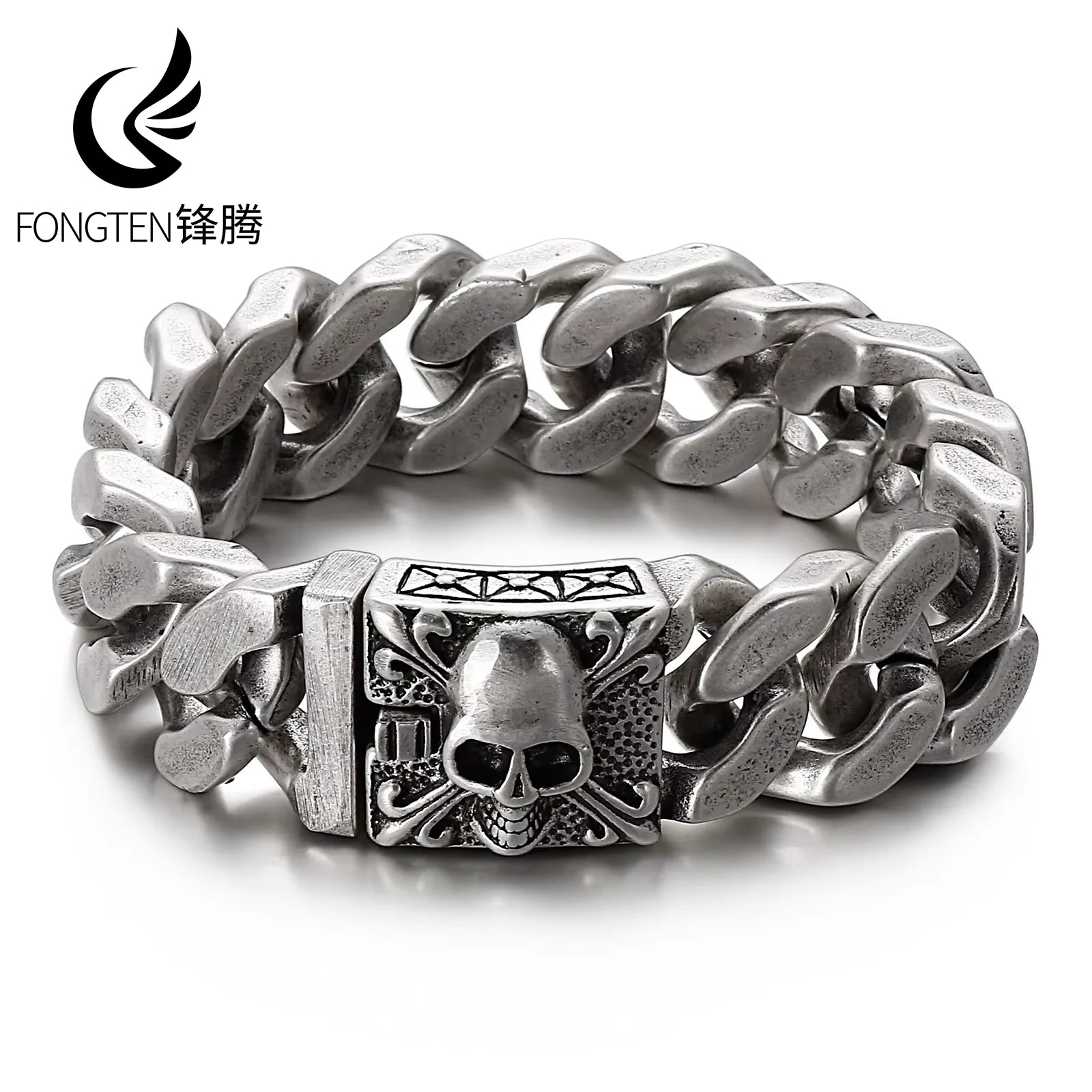 Fongten Gothic Skull Bracelets For Men Ancient Silver Color Stainless Steel Cuban Chain Heavy Bracelet Bangle Jewelry Wholesale