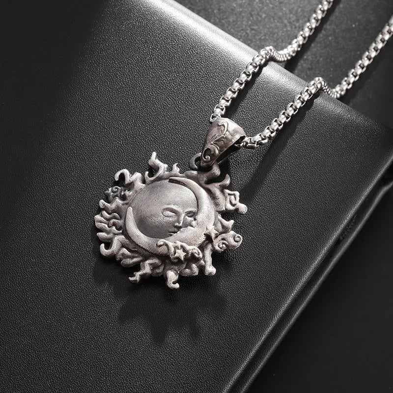 Sun Hugging Moon Round Pendant — Stainless Steel
