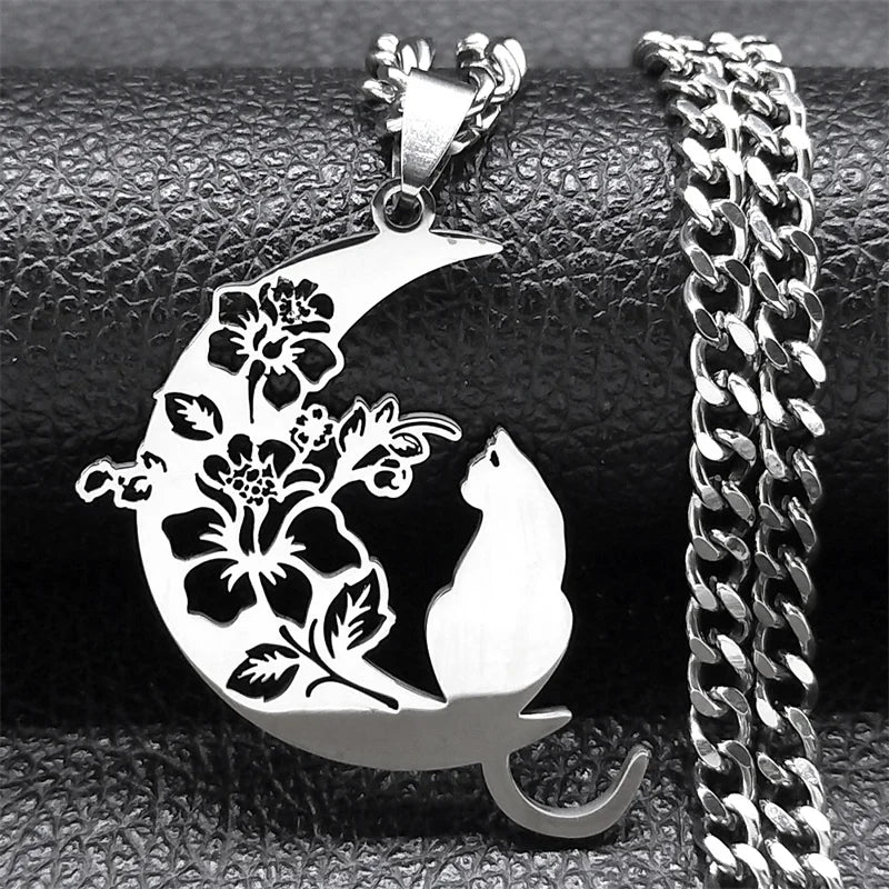 Wicca Moon Cat Pendant — Stainless Steel