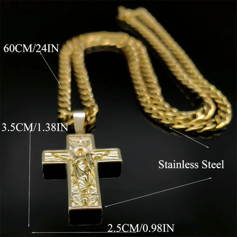 Stainless Steel Cross Jesus Pendant Necklace for Men Gold Color Hip Hop Cuban Chain Religious Crucifix Necklaces