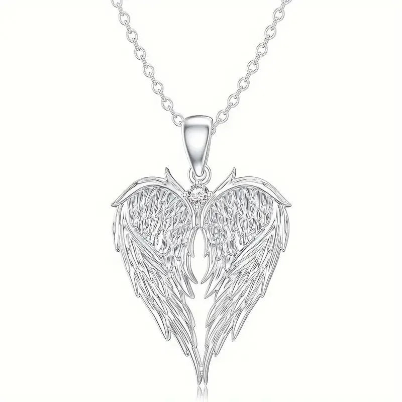 Angel Wing Heart Pendant Necklace — Zinc Alloy, CZ Accent