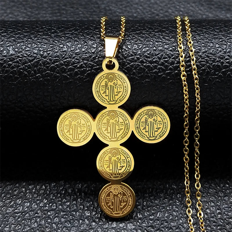 Catholic Saint Benedict Medal Stainless Steel Necklace for Women Men Gold Color Jesus Cross Chain Jewelry san benito