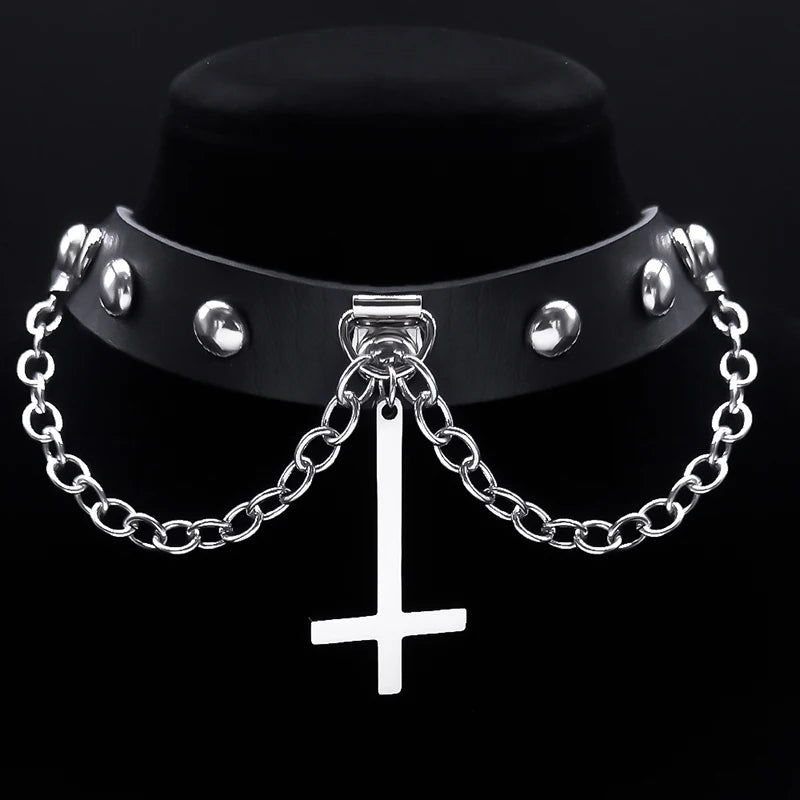 Gothic Cross Leather Choker Necklace — Stainless Steel