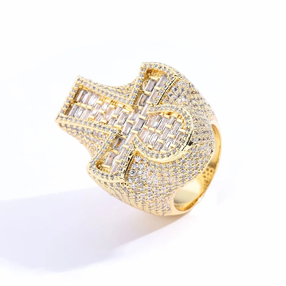 Iced Out Round & T-Shaped Cuban Cross Ring — Copper Alloy