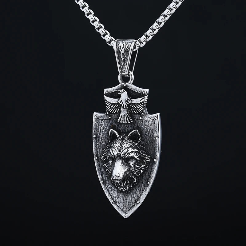Viking Shield Wolf Pendant Necklace — Stainless Steel