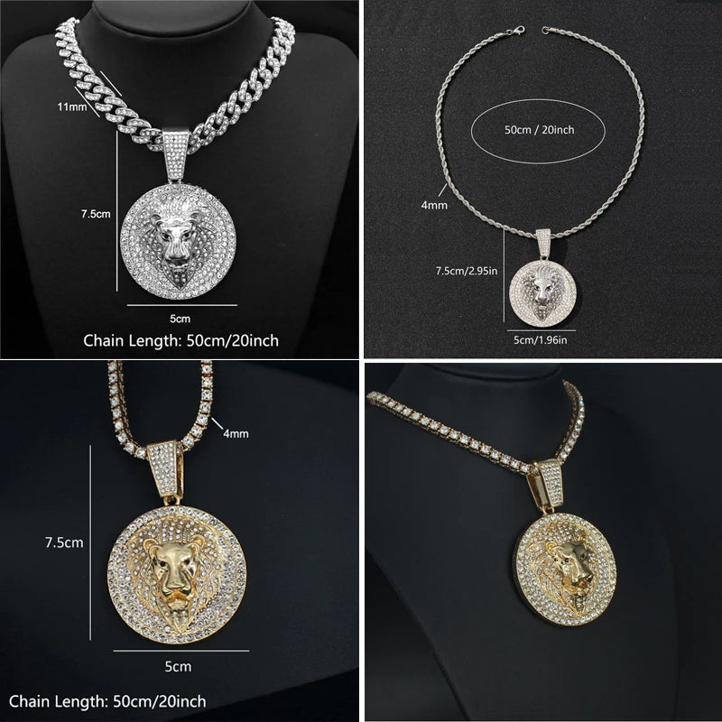 Hip Hop Big Lion Head Pendant Necklace Cuban Chain Necklace For Women Men Iced Out Full Rhinestone Necklace Jewelry