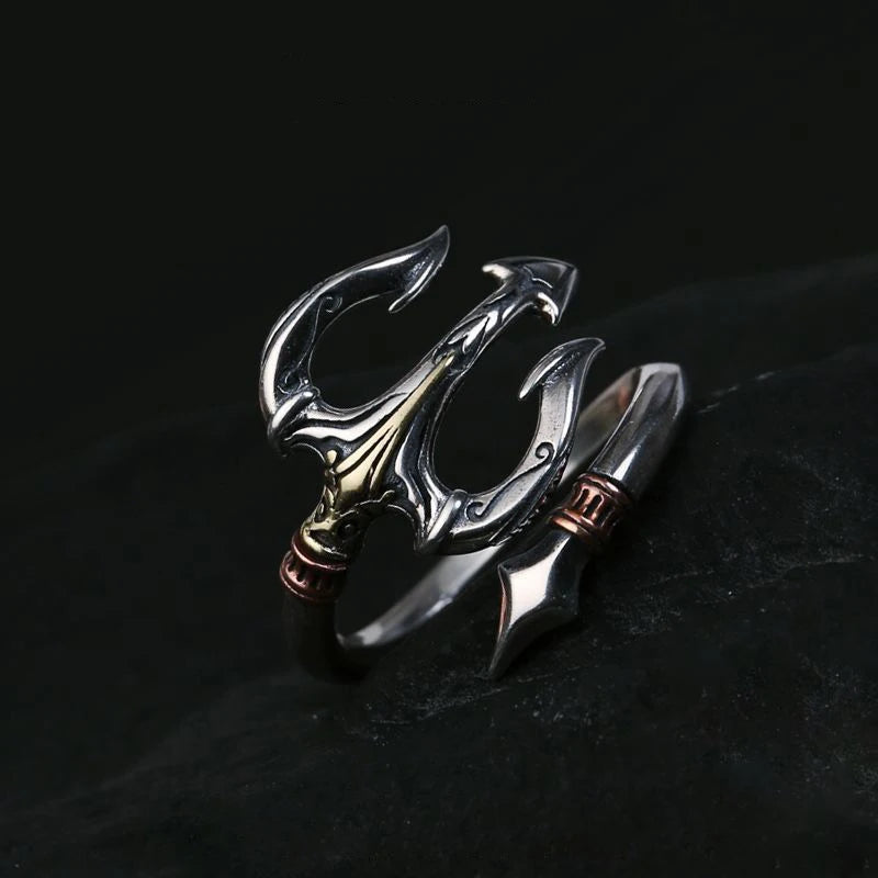 Sea God Trident Open Ring for Men — Silver-Tone Adjustable
