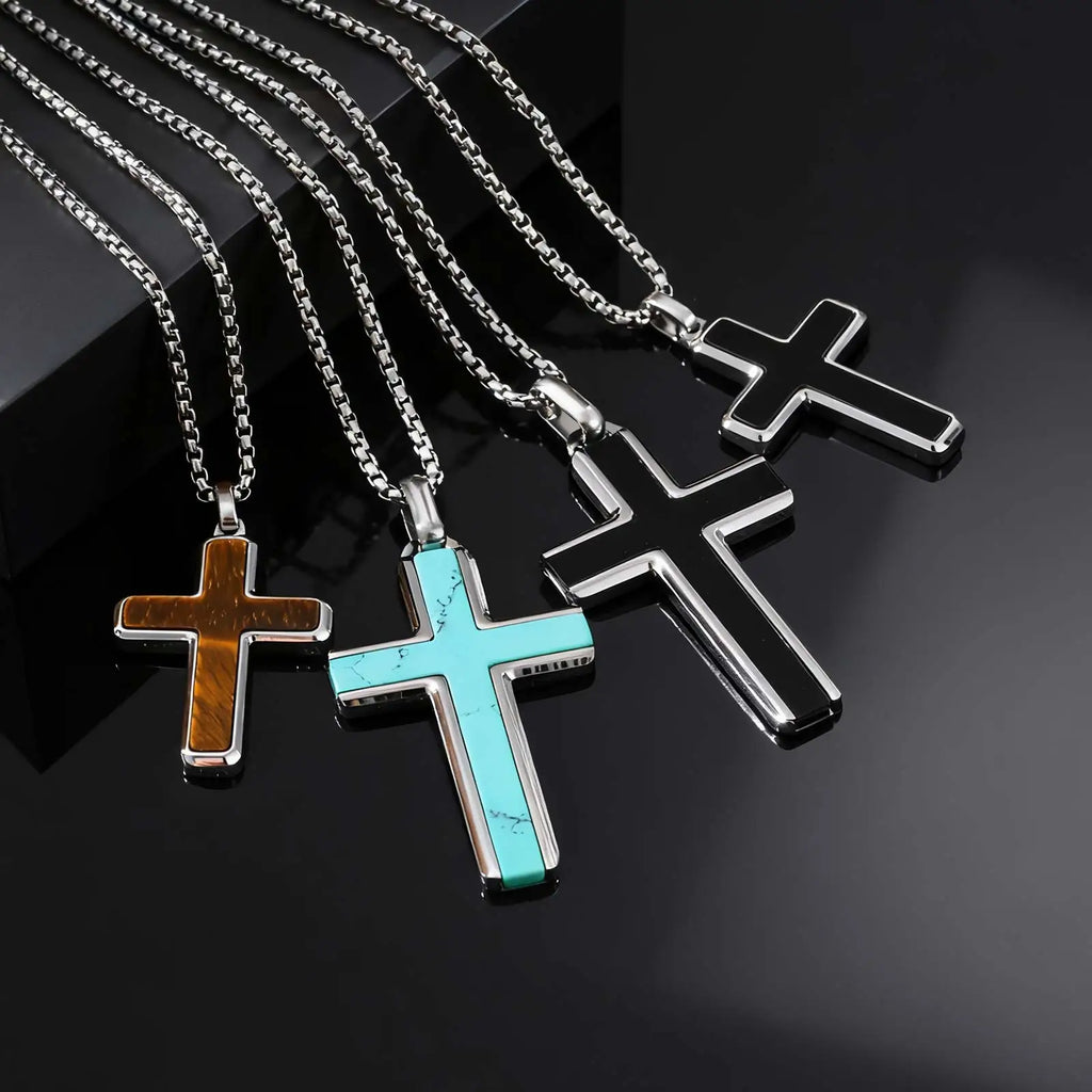 Classic Stainless Steel Cross Pendant Necklace, Turquoise Black Agate Tiger Eye Natural Stone Vintage Fashion Jewelry for Men