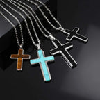 Classic Stainless Steel Cross Pendant Necklace, Turquoise Black Agate Tiger Eye Natural Stone Vintage Fashion Jewelry for Men