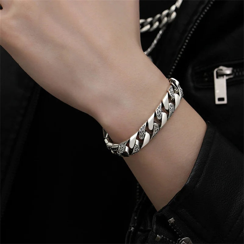 OUYADI S925 Sterling Silver Men's Cuban Link Bracelet Vintage Eternal Vines Engraved Retro Masculine Wrist Jewelry Gift