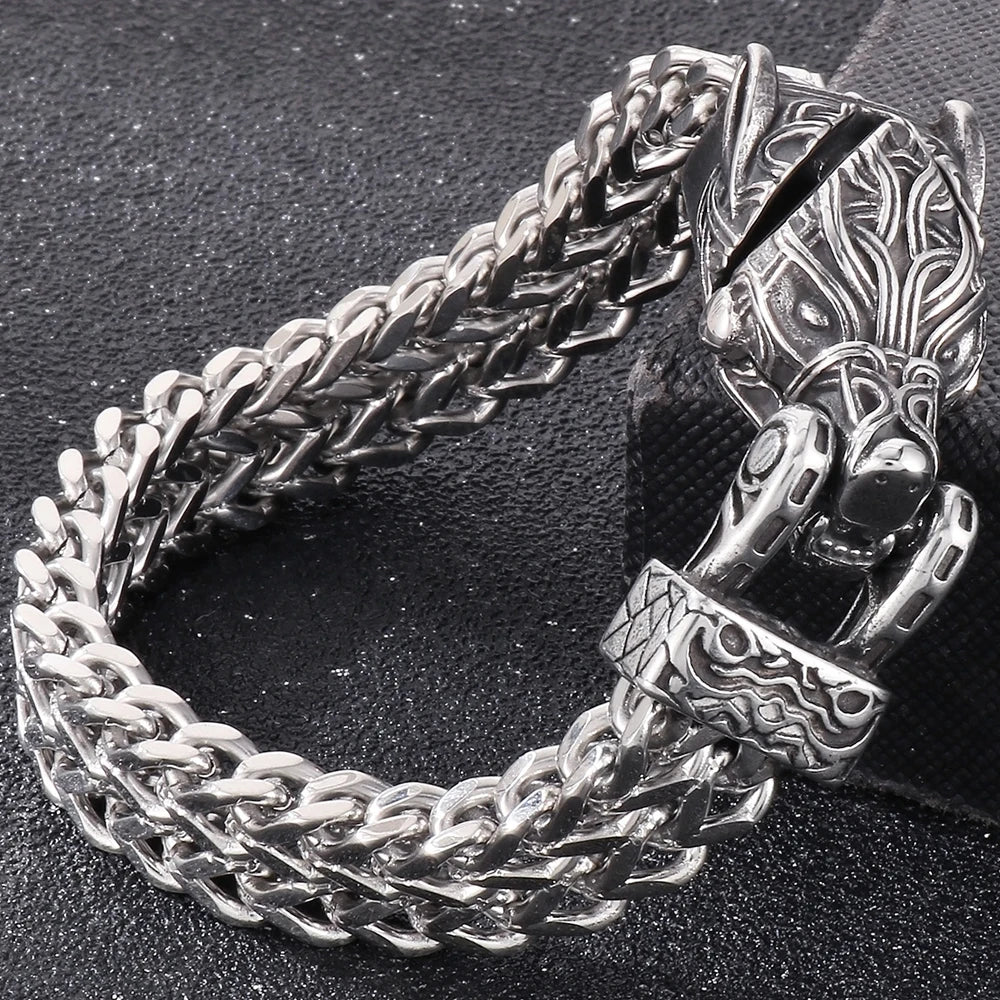 Nordic Viking Jewelry Man Bracelet With Snake Owl Wolf Head Solid Stainless Steel 12MM Mesh Link Chain Men's Bracelets