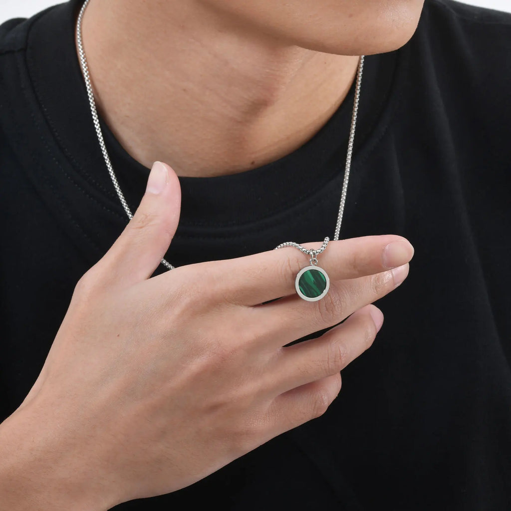 Green Square Stone Pendant — Stainless