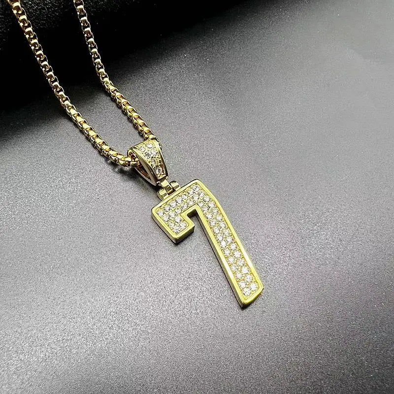 Stainless Steel Titanium Hip Hop Number 7 Bling Iced Out Pendant Collar Chain Necklace for Men Women Couple Gift