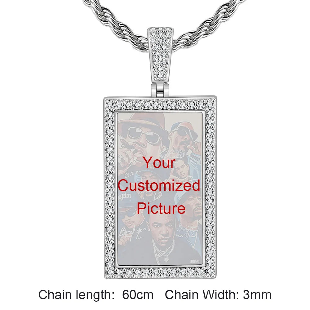 Iced Out Rectangle Photo Pendant Necklace
