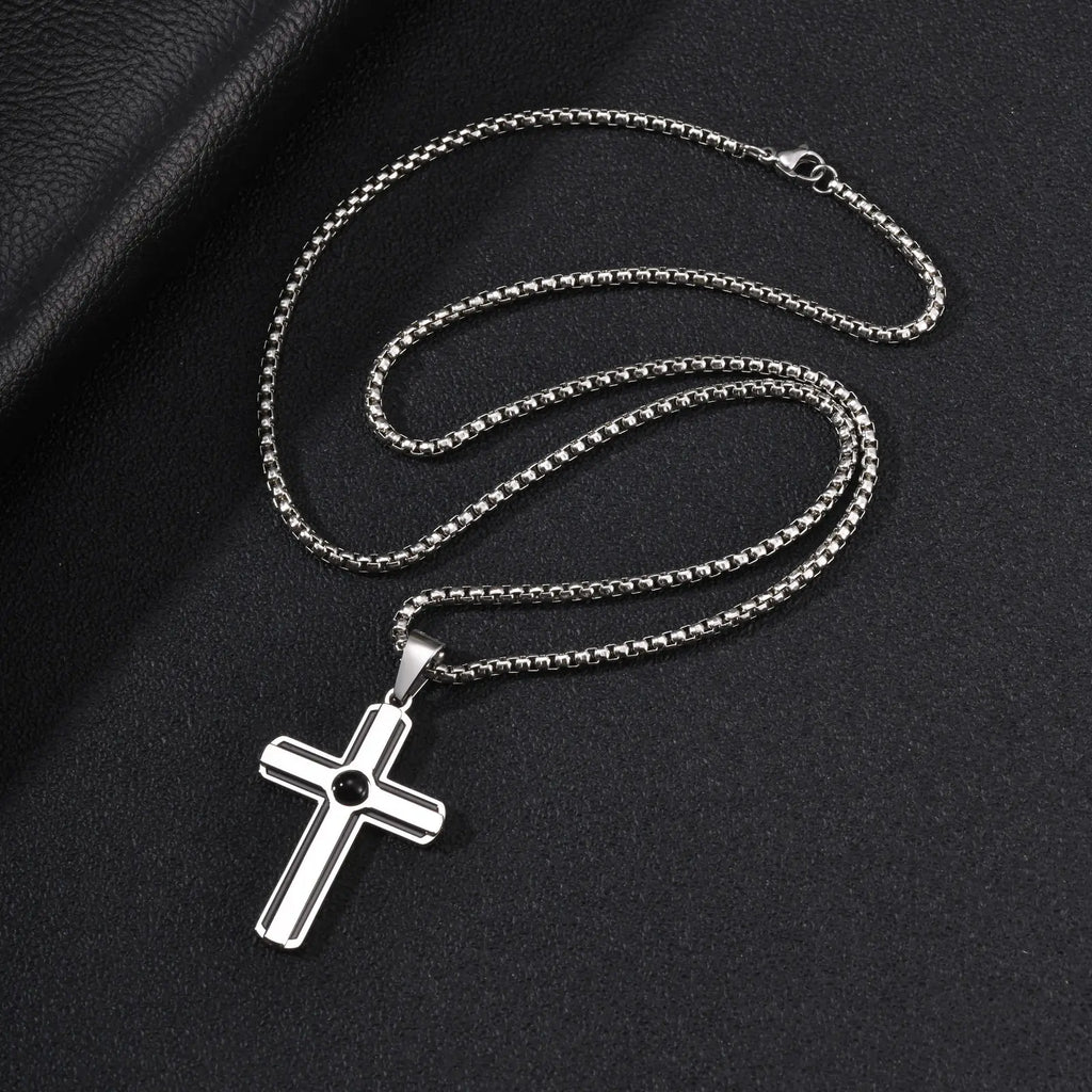 Vnox Men Cross Necklace, Stainless Steel Black Onyx Enamel Cross Pendant, 60cm Box Chain Religious Faith Jewelry Gift