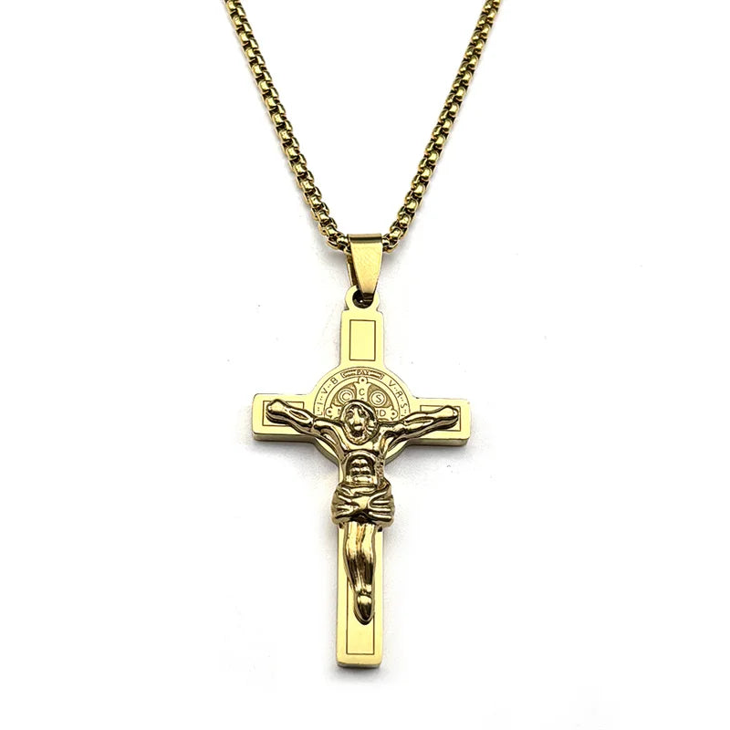 Saint Benedict Jesus Crucifix Chain Necklace — Stainless Steel