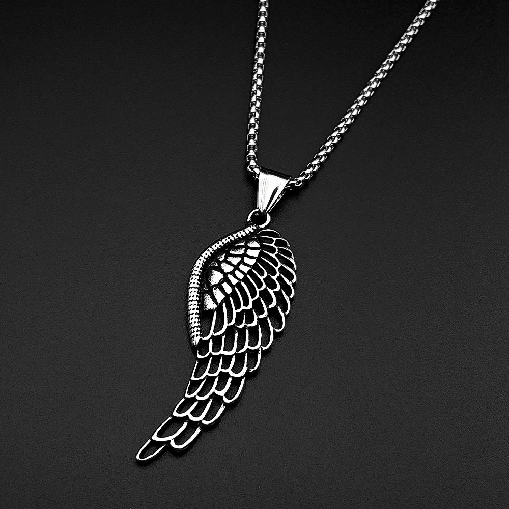 Simple Retor Angel Wing Chain For Women Men Stainless Steel Silver Color Grain Gothic Fashion Daily Wear Necklace