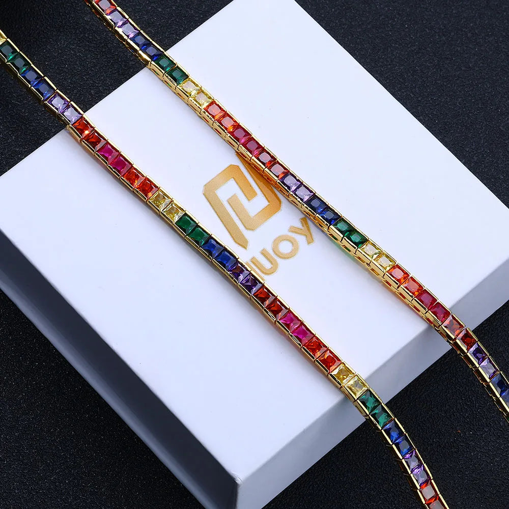 Gold Rainbow Tennis Necklace Iced Out 4MM 18K