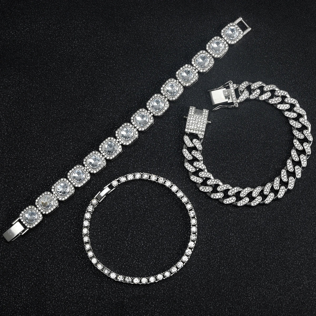 3pcs Men Women Stylish Bracelet Set Silver Cuban Chain+Tennis Chain+Sugar Chain Light Luxury Iced Out Hip-hop Punk Jewelry Gift