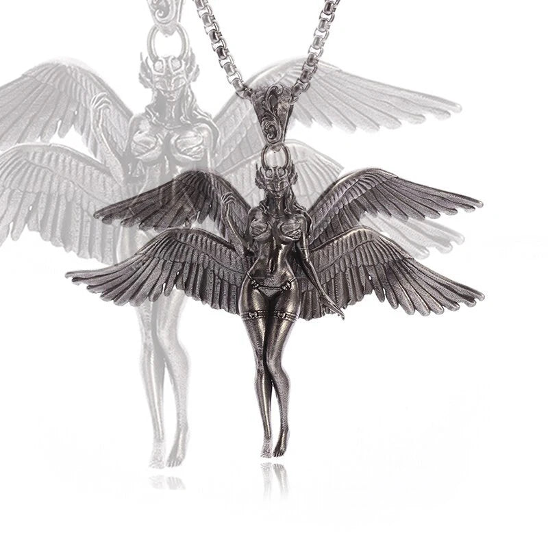 Vintage Punk Mythology Style Metal Sexy Angel Goddess Pendant Necklace for Men Women Classic Mysterious Souvenir Jewelry