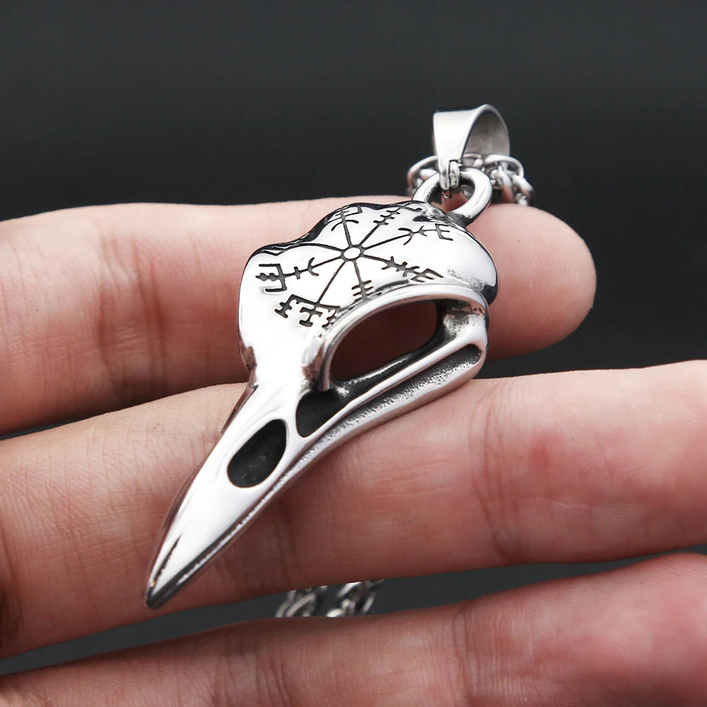 Vintage Fashion Vikings Compass Crow Head Pendant Necklace For Men Stainless Steel Nordic Animal Skull Necklaces Biker