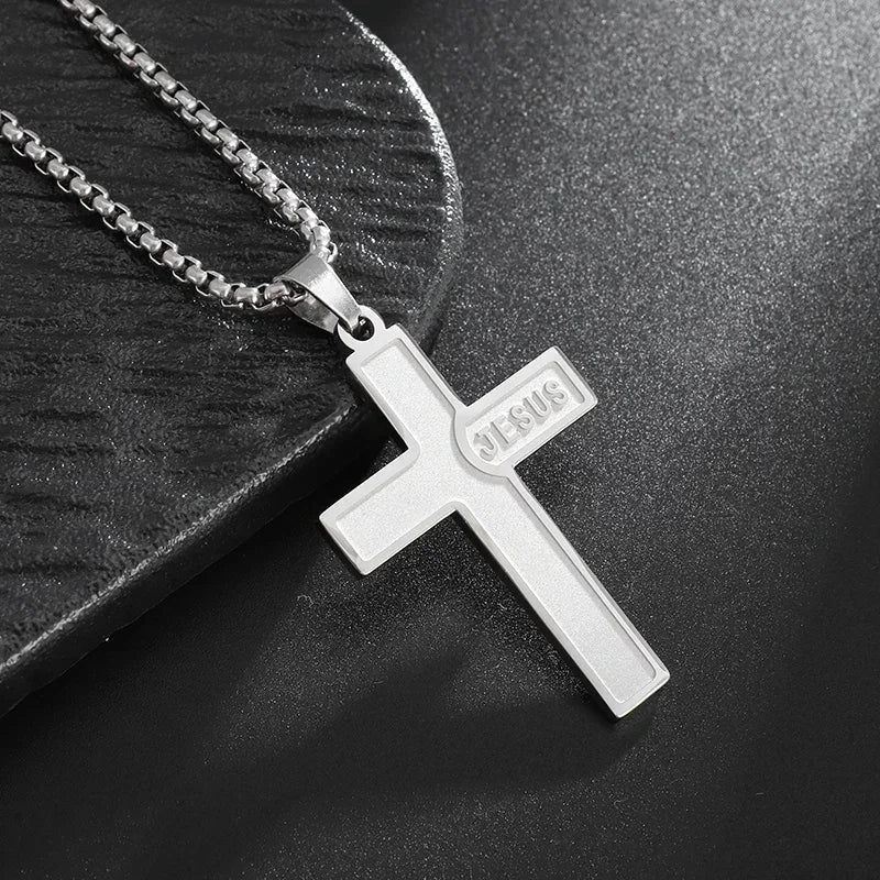 Vintage Christian Jesus Cross Stainless Steel Pendant Little Angel Prayer Necklace Men Women Faith Amulet Jewelry
