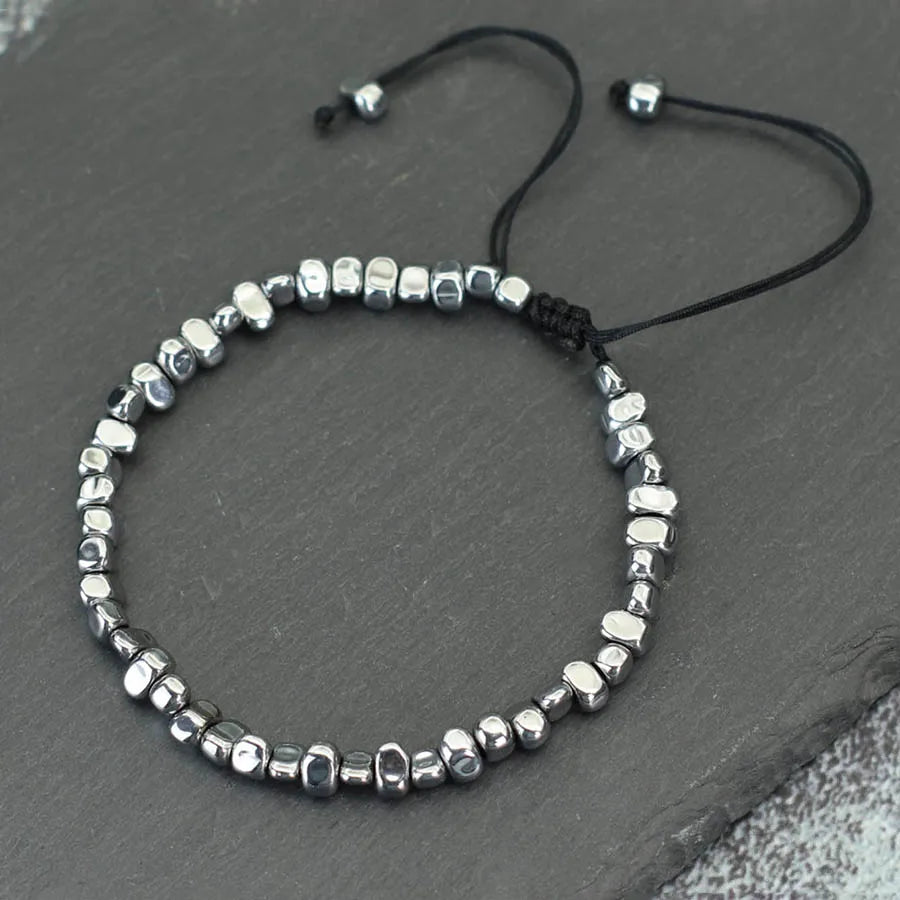 Natural Irregular Hematite Stone Men Healing Bracelet 2 Colors Braided String Braclet Adjustable Boyfriend Gift Pulsera
