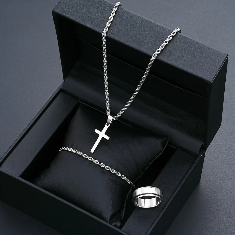 3pcs Set Simple Personality Smooth Surface Stainless Steel Cross Pendant Necklace Bracelet Ring for Women Men Jewelry Sets Gifts