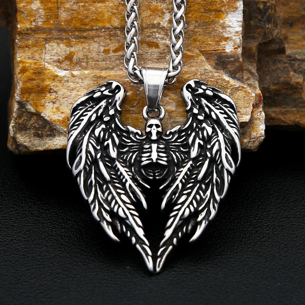 New 316L Stainless Steel Skull With Angel Wings Pendant Necklaces For Men Boys Gothic Hip Hop Biker Jewelry Gifts