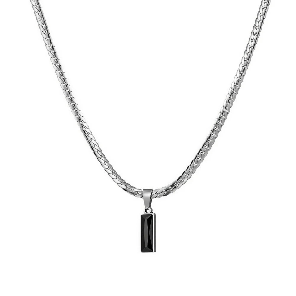 Hip Hop Men Black Square Crystal Pendant Necklace Retro Stainless Steel Flat Chain Jewelry Fashion Accessories