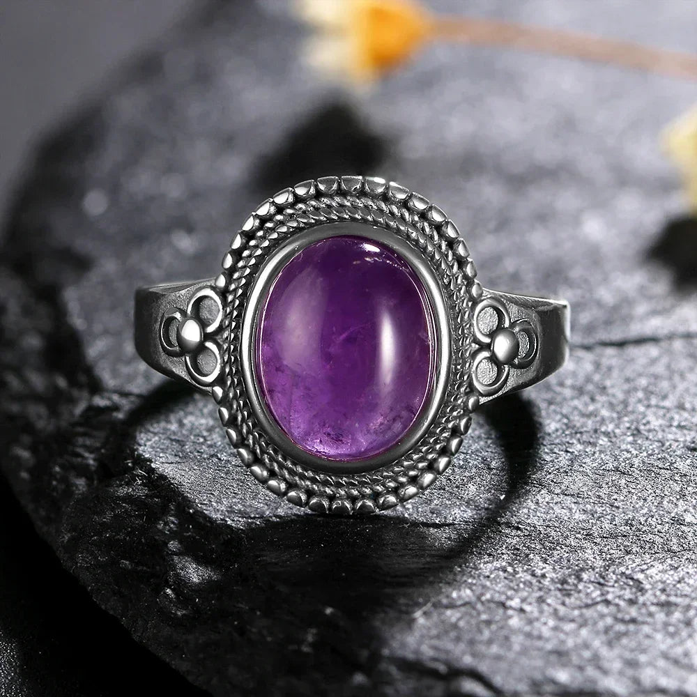 Sterling Silver 925 Vintage Rings Oval 8X10mm Rings Black Onyx Natural Fine Jewelry For Men Women Rhodochrosite Rings