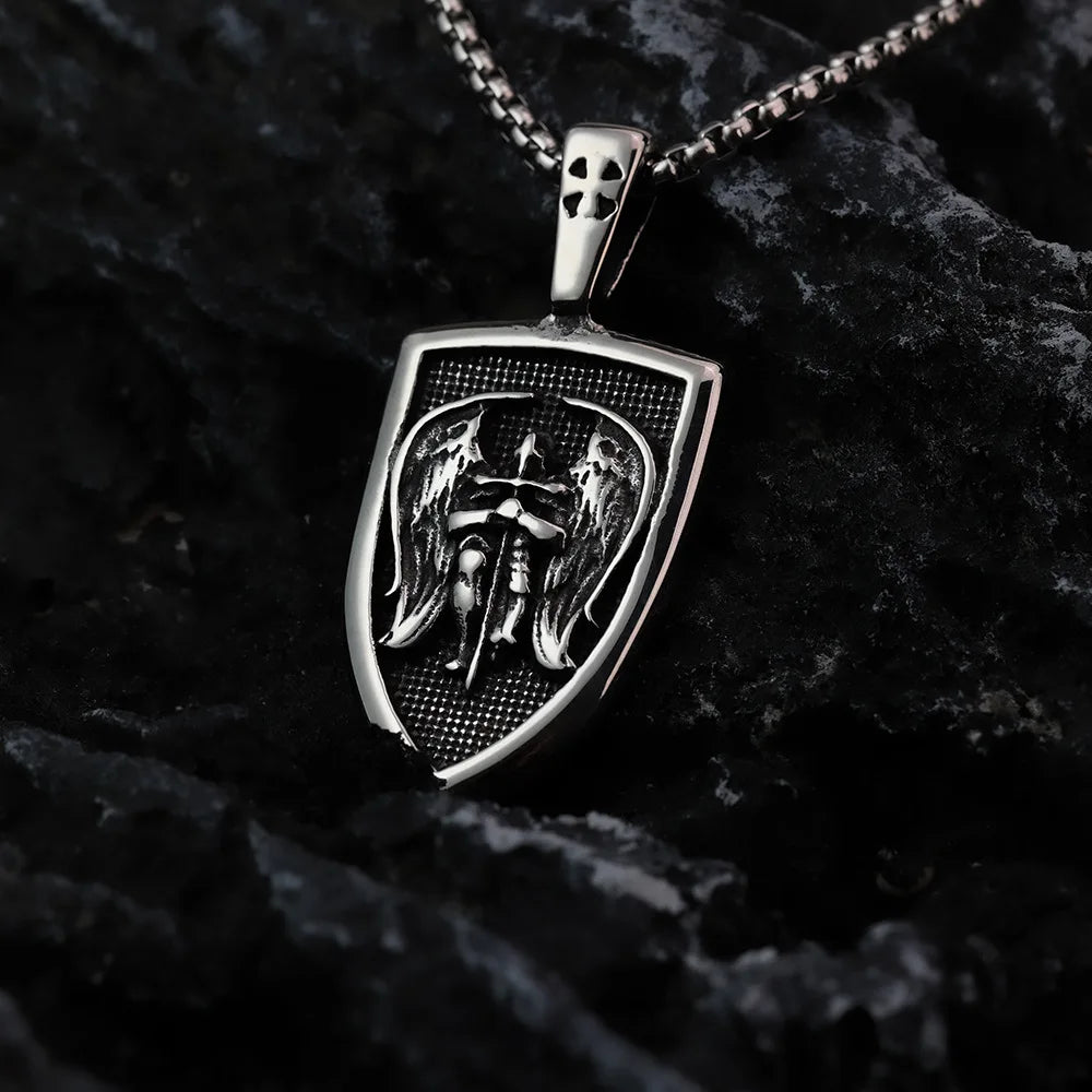 316L Steel Archangel Pendant - St Michael Necklace for Men, Catholic Amulet Jewelry, Vintage Baptism Gift Religious Accessories