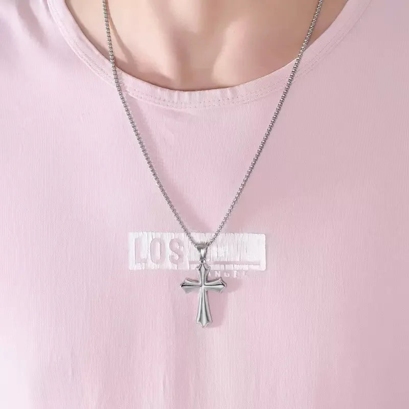 Geometric Cross Pendant Sweater Chain Necklace — Stainless Steel